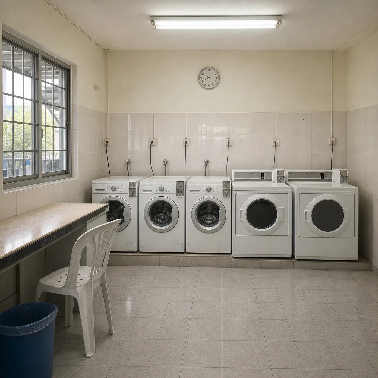 The ground-floor coin laundry room with washing machines and dryers