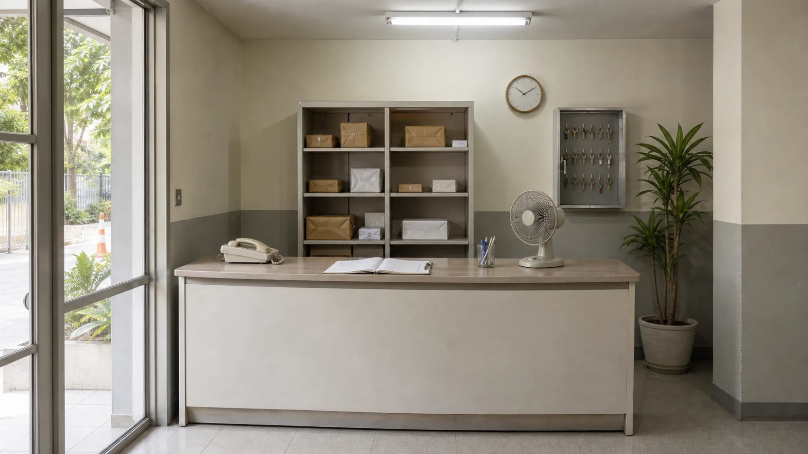 The front desk inside the lobby, with the parcel shelf behind it