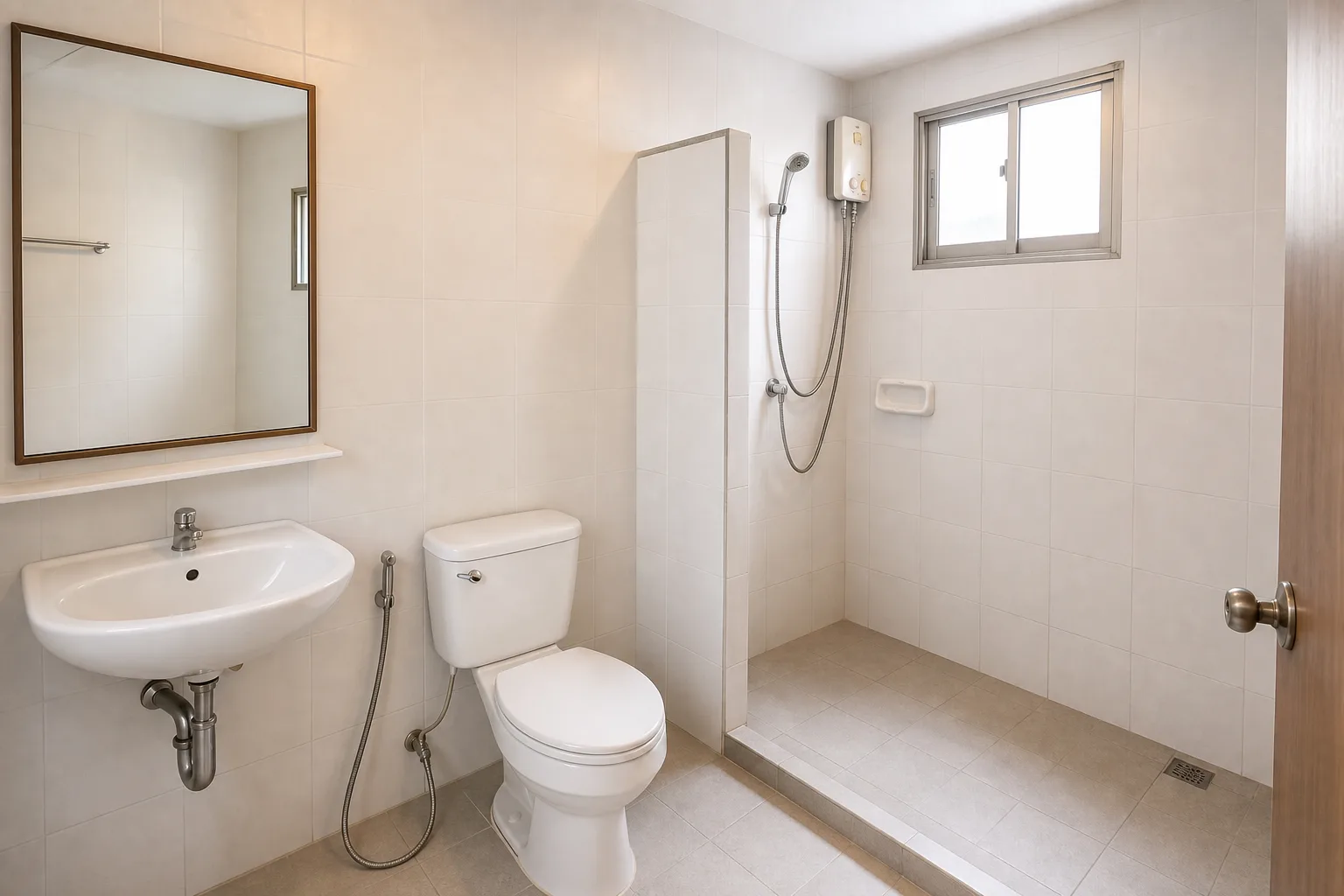 The bathroom in the one bedroom, with instant water heater and shower