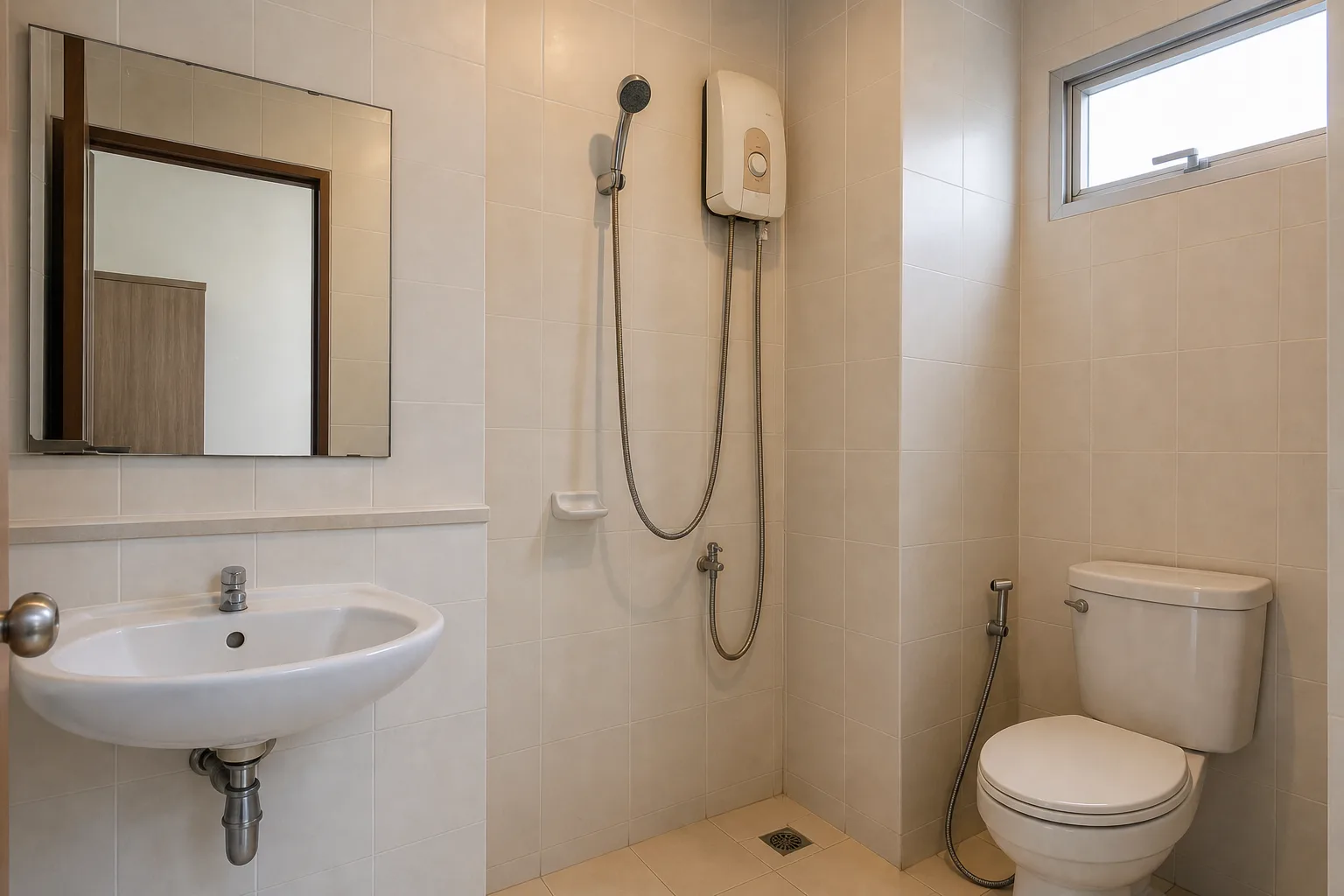 The bathroom in the studio, with instant water heater and shower