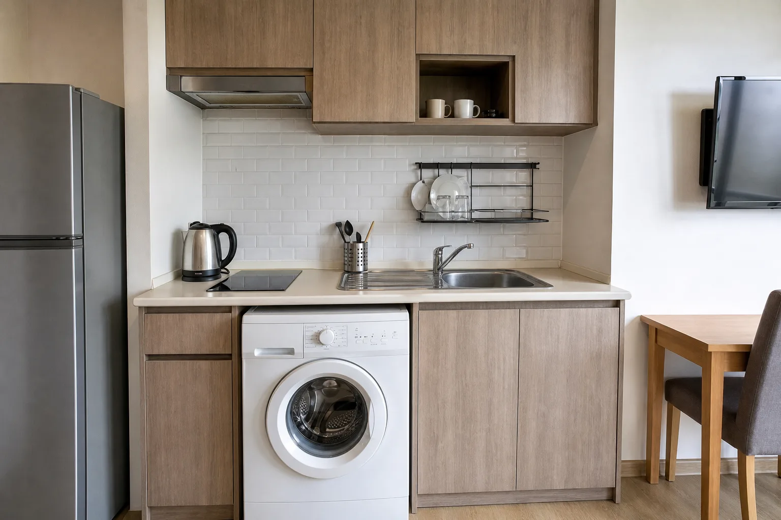 The kitchenette in the studio, with sink, induction hob and counter storage